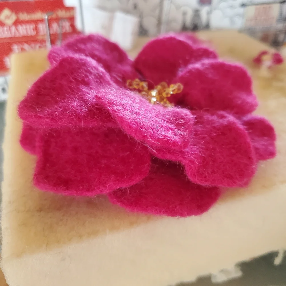 Handmade wool swarovski crystals large hot pink flover brooch and hair decor